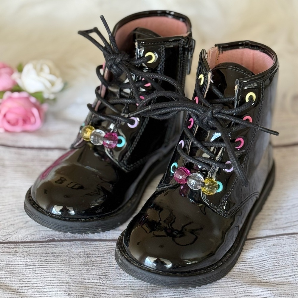 The Children’s Place Girls' Black Lace-Up Booties with Colorful Beads, Size 9
